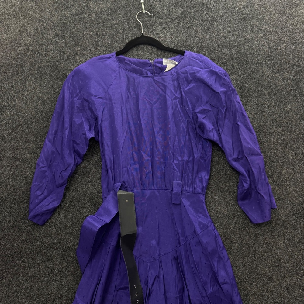 Vintage 80s Betsys Things Purple Diamond Jacquard Midi Dress with Belt Womens S
